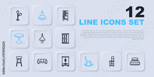Set line Furniture nightstand with lamp, Big bed, Lamp hanging, Armchair, Round table, Sofa, and Wardrobe icon. Vector