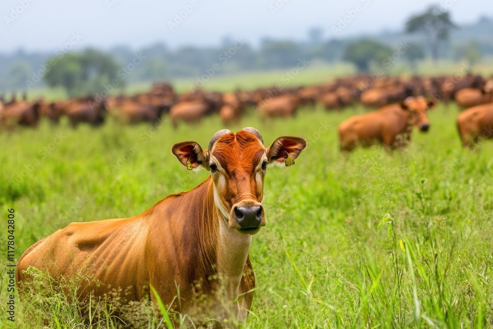 A brown cow grazing in a lush field of tall grass, suitable for agriculture or farm-related content A brown cow grazing in a lush field of tall grass, suitable for agriculture or farm-related content