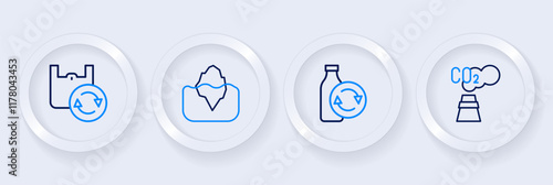 Set line CO2 emissions in cloud, Recycling plastic bottle, Iceberg and Shopping bag with recycle icon. Vector