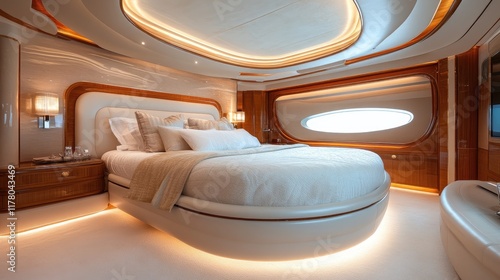 Luxurious bedroom design onboard a modern yacht. Generative AI photo