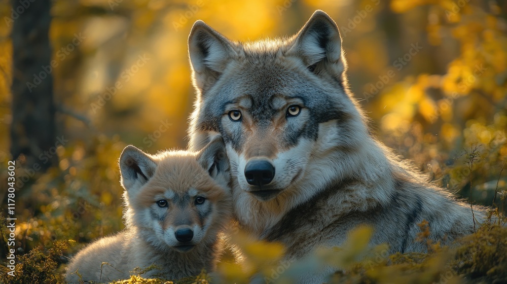 Obraz premium Two wolves sit side by side, looking relaxed and calm