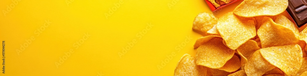 Vibrant banner featuring assorted snack items on bright yellow background Vibrant banner featuring assorted snack items on bright yellow background