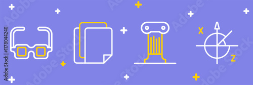 Set line Trigonometric circle, Law pillar, File document and Glasses icon. Vector