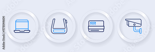 Set line Security camera, Credit card, Smart glasses on spectacles and Laptop icon. Vector