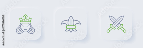 Set line Crossed medieval sword, Fleur de lys lily flower and Princess queen icon. Vector