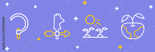 Set line Apple, Plant sprouts grow in the sun, Rooster weather vane and Sickle icon. Vector
