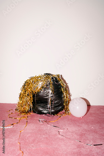 Party Aftermath With Balloon and Tinsel on Pink Carpet photo