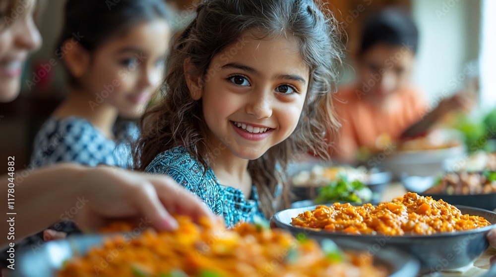 Happy girl smiling at camera during family meal. Happy girl smiling at camera during family meal.