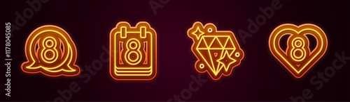Set line 8 March in speech bubble, Calendar with, Diamond and Heart. Glowing neon icon. Vector