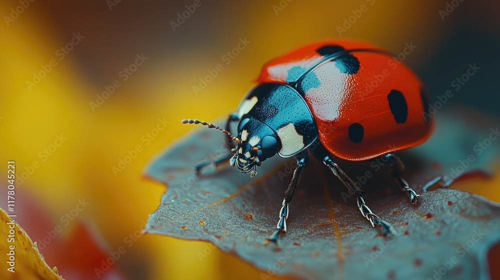 Fototapeta premium A ladybug sits on the edge of a leaf, enjoying the warm sunlight