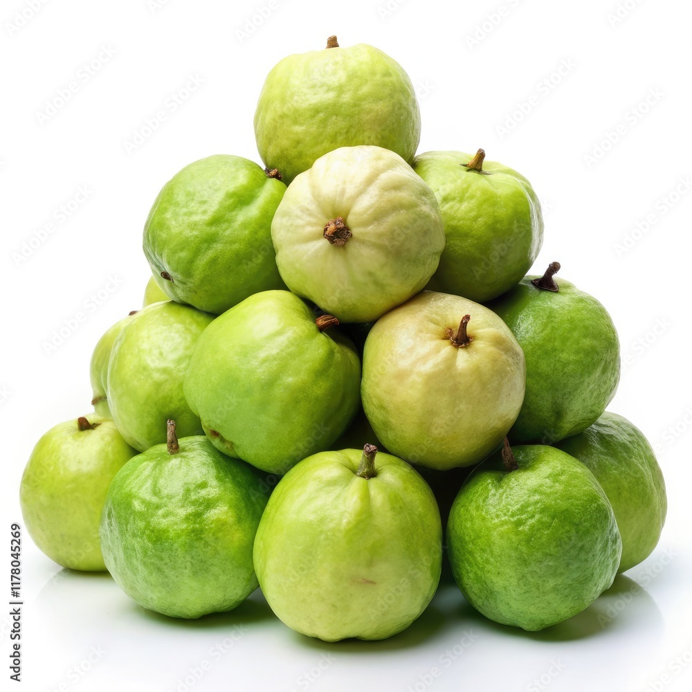 Fresh Guava Pile Arranged on a White Surface for Display. Generative AI Fresh Guava Pile Arranged on a White Surface for Display. Generative AI