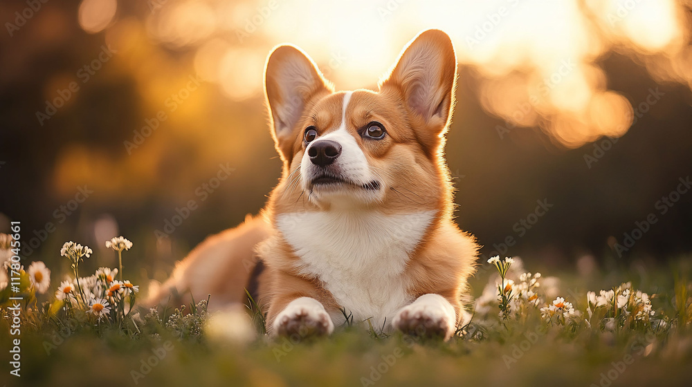 Adorable corgi dog lying in a sunny field of daisies. Adorable corgi dog lying in a sunny field of daisies.