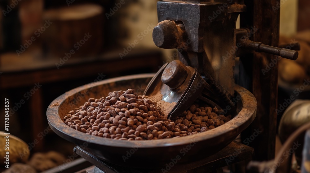 traditional chocolate grinder in a rural setting, with cocoa beans being hand-ground in stone mills by skilled artisans, with warm ambient lighting and vintage decor traditional chocolate grinder in a rural setting, with cocoa beans being hand-ground in stone mills by skilled artisans, with warm ambient lighting and vintage decor
