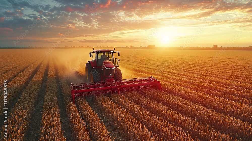 Fototapeta premium Tractor harvesting wheat at sunset.