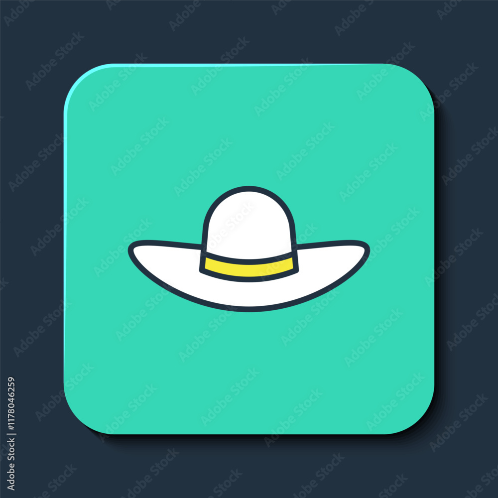 Filled outline Elegant women hat icon isolated on blue background. Turquoise square button. Vector Filled outline Elegant women hat icon isolated on blue background. Turquoise square button. Vector
