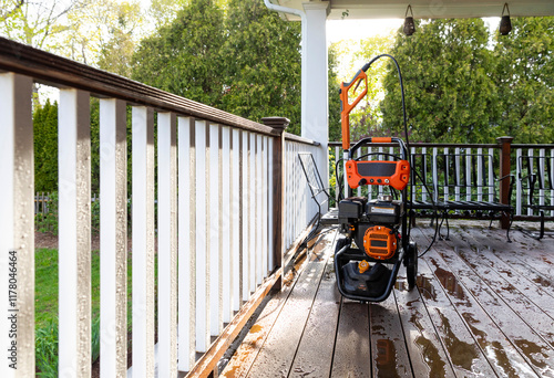 Pressure washer on porch of house