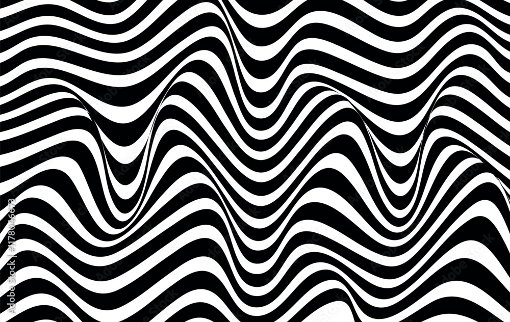 Fototapeta premium Abstract wave background, black and white wavy stripes or lines design. Abstract hypnotic pattern with black-white striped lines. Psychedelic background. Art, optical illusion. Modern design, graphic.