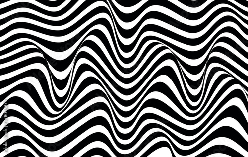 Abstract wave background, black and white wavy stripes or lines design. Abstract hypnotic pattern with black-white striped lines. Psychedelic background. Art, optical illusion. Modern design, graphic.