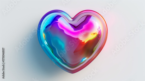 Cœur irisé multicolore en verre ou résine sur fond clair, reflet nacré et lumière douce, symbole d’amour universel ou don d’organe, Saint Valentin ou Journée mondiale du don d’organes (17 octobre)