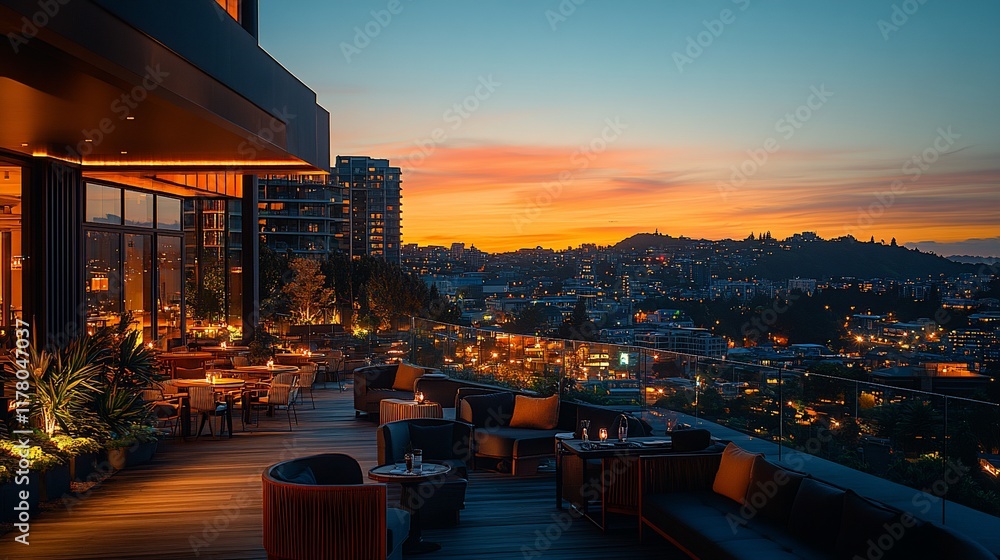 Naklejka premium Rooftop Lounge Offers Stunning City Sunset View