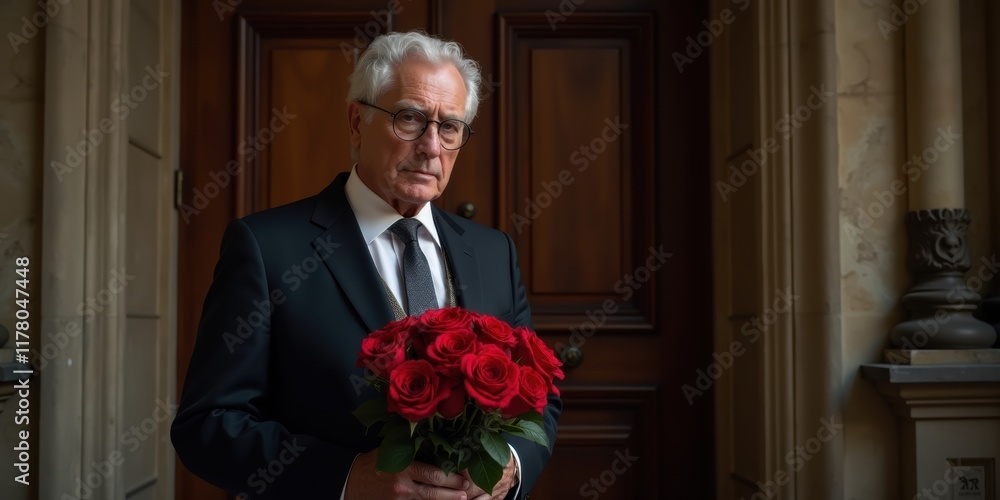 A distinguished elderly man stands with a bouquet of red roses, evoking emotions of love and nostalgia, perfect for Valentine's Day promotions or romantic themes. A distinguished elderly man stands with a bouquet of red roses, evoking emotions of love and nostalgia, perfect for Valentine's Day promotions or romantic themes.