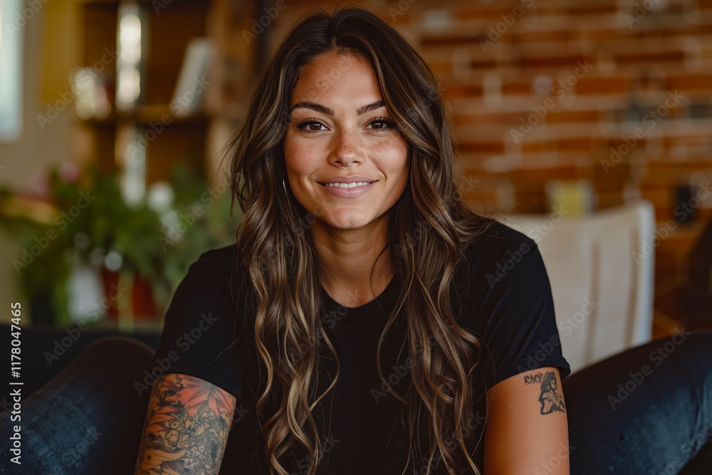 Obraz premium A woman sitting on a couch with a tattoo on her arm