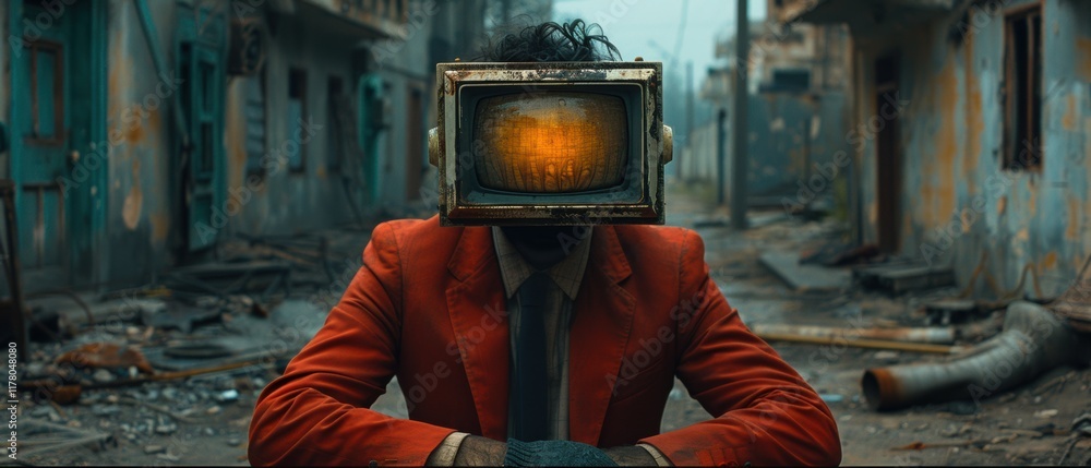 Fototapeta premium Post Apocalyptic Man TV Head Ruin Street Scene