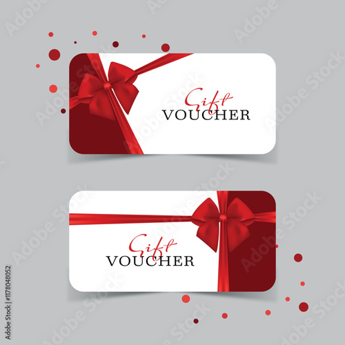 Gift card template with realistic red bow. Certificate, coupon, flyer design. Discount card for shop or boutique. Vector illustration