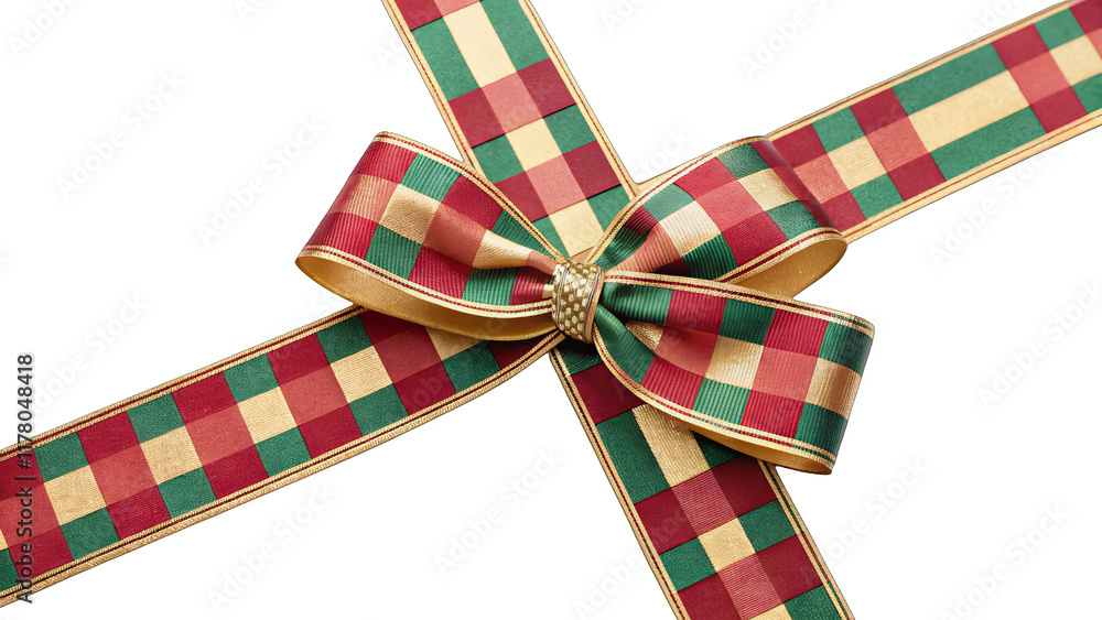 Obraz premium Elegant Christmas bow featuring a red and green checkered pattern with gold accents, perfect for holiday gift wrapping, festive decorations, and seasonal crafting projects.