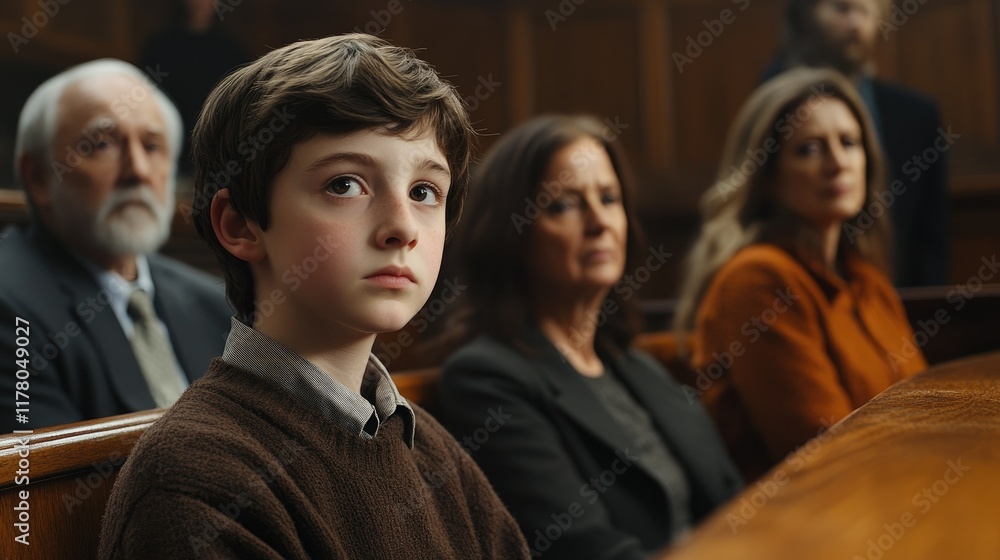 Cute child and mother at table with gavel of judge blurred in background, family law concept Cute child and mother at table with gavel of judge blurred in background, family law concept