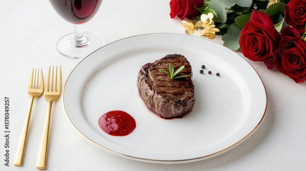 romantic dinner setting, a lively valentines dinner set with red roses, golden utensils, and a tender steak with rich red sauce romantic dinner setting, a lively valentines dinner set with red roses, golden utensils, and a tender steak with rich red sauce
