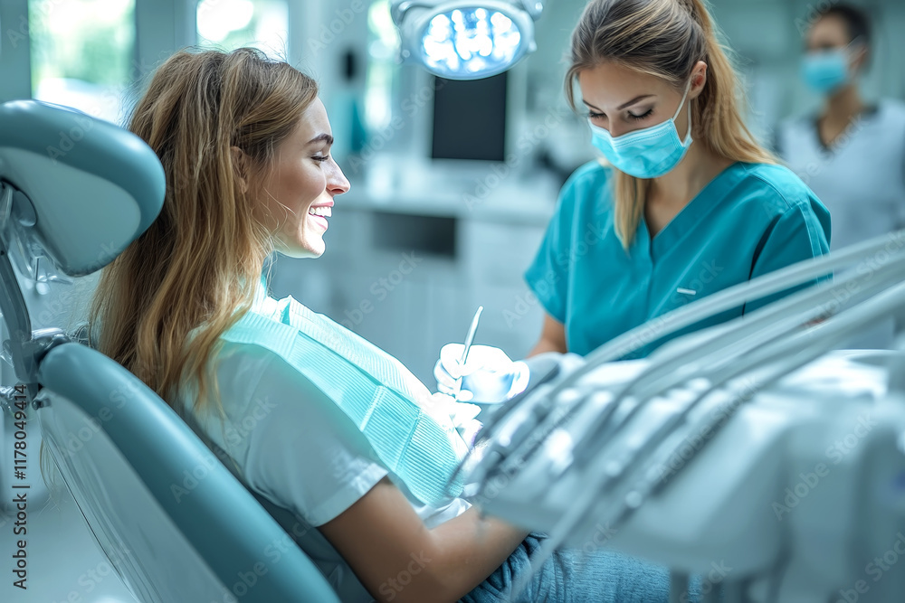 Dental care, smiling patient with hygienist in modern clinic during procedure Dental care, smiling patient with hygienist in modern clinic during procedure