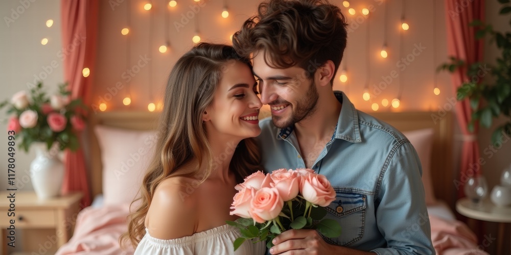 A romantic couple enjoys a tender moment, surrounded by soft lighting and flowers, perfect for celebrating love on Valentine's Day. A romantic couple enjoys a tender moment, surrounded by soft lighting and flowers, perfect for celebrating love on Valentine's Day.