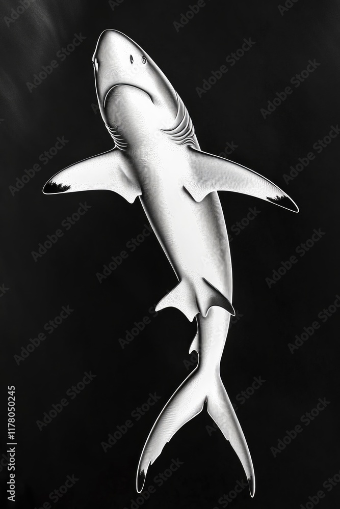 Fototapeta premium A close-up shot of a shark in monochrome tones, suitable for editorial use or as a design element