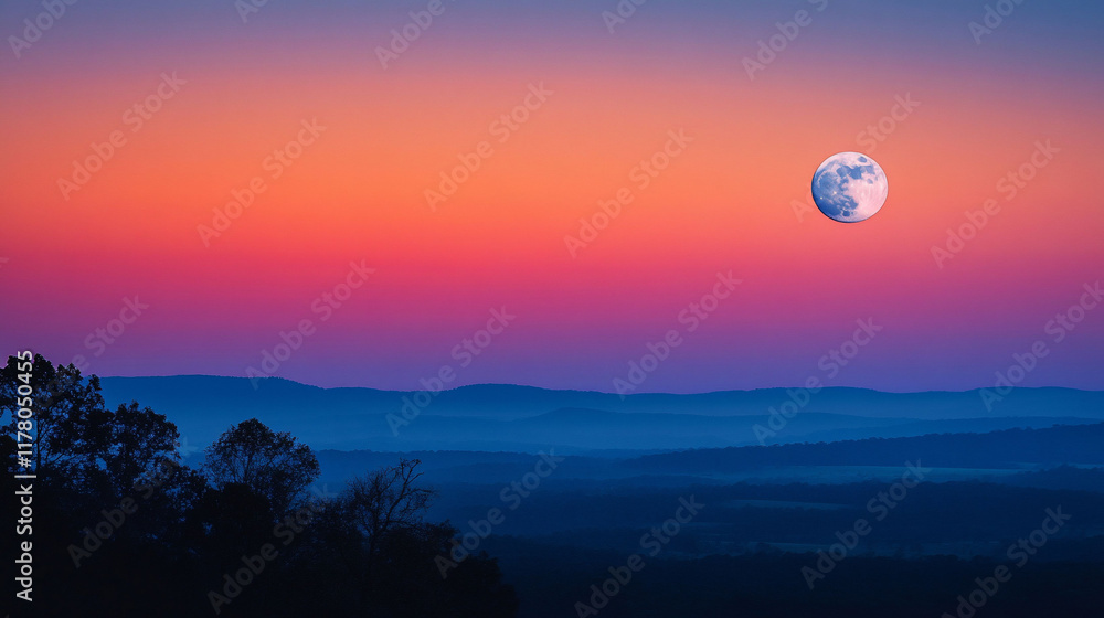 Full moon rising over colorful sunset and mountain silhouettes. Full moon rising over colorful sunset and mountain silhouettes.