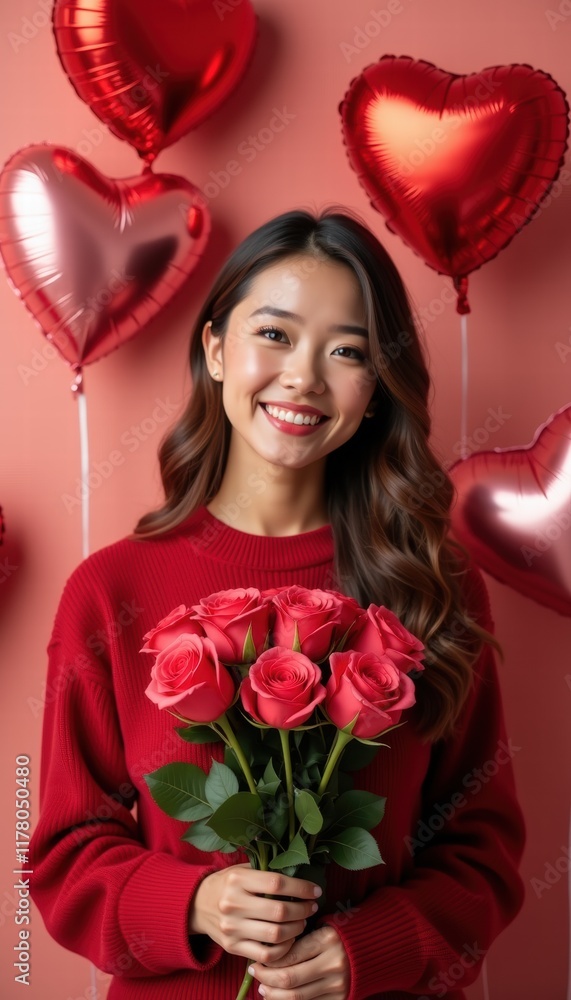 Celebrate love with this cheerful Valentine’s Day image featuring a woman holding red roses amidst heart-shaped balloons. Celebrate love with this cheerful Valentine’s Day image featuring a woman holding red roses amidst heart-shaped balloons.
