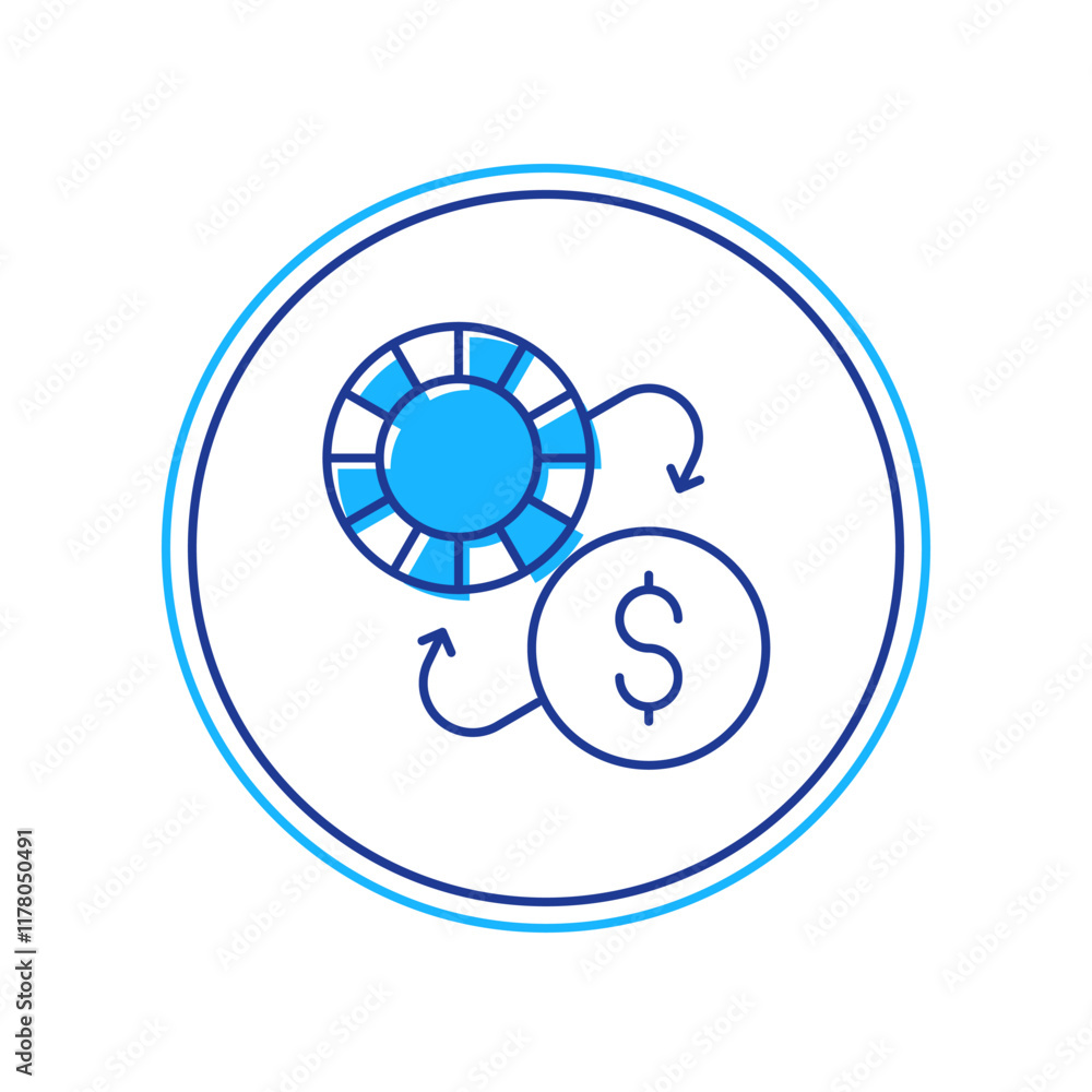 Filled outline Casino chips exchange on dollar icon isolated on white background. Vector Filled outline Casino chips exchange on dollar icon isolated on white background. Vector