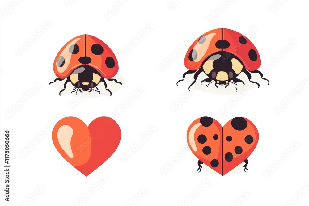 Fototapeta premium Four colorful ladybugs with hearts on a white background