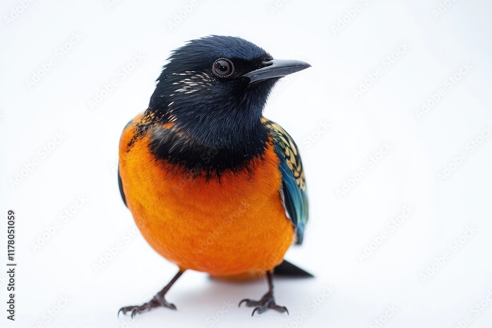 Obraz premium A black and orange bird perched on a white surface, ready to take flight