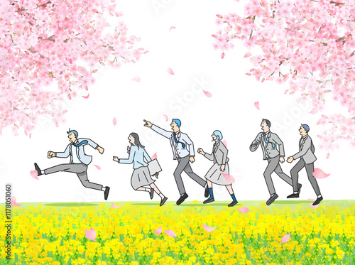 桜の木と菜の花の咲く土手沿いを走る学生男女ー全身ー卒業入学ー人物ベクターイラスト白バック背景素材