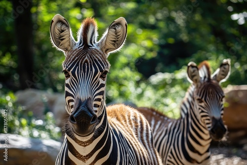 Two striped zebras pose side by side in a natural setting photo