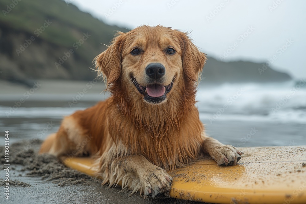 A dog lying on a surfboard on a sunny beach A dog lying on a surfboard on a sunny beach