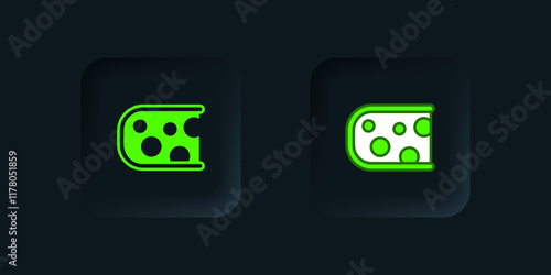 Green Cheese icon isolated on black background. Black square button. Vector