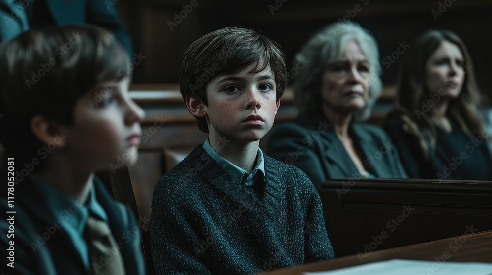 Obraz premium Cute child and mother at table with gavel of judge blurred in background, family law concept