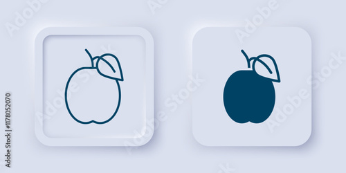 Filled and outline Plum fruit icon isolated on grey background. Square button. Vector