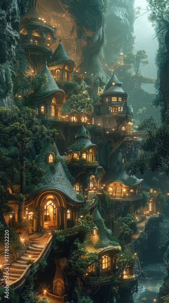 Fototapeta premium Enchanted Bioluminescent Cave City Fantasy Architecture 8K Night
