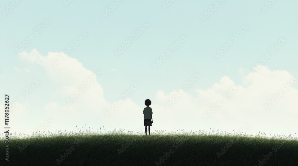 Silhouetted child standing in a grassy field, looking at a bright sky. Silhouetted child standing in a grassy field, looking at a bright sky.