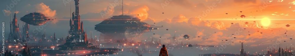 Fototapeta premium Futuristic Cityscape Sunset Flying Vehicles Advanced Architecture Sci Fi Panorama
