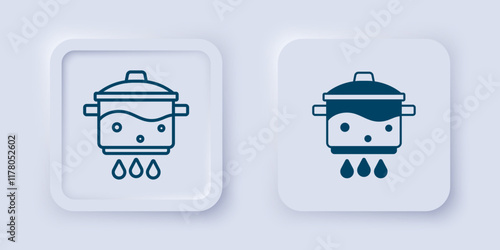 Filled and outline Cooking pot on fire icon isolated on grey background. Boil or stew food symbol. Square button. Vector