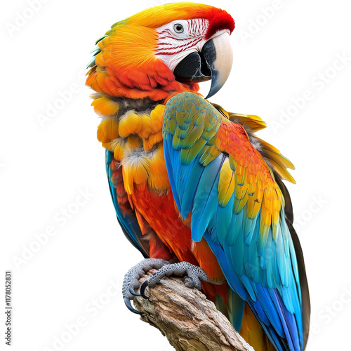 Brightly colored macaw perched on a branch photo